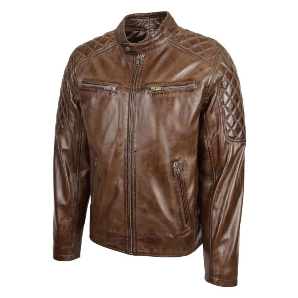 WeeBroz Men's Timber Brown Leather Biker Jacket Quilt Detail Style - Image 4