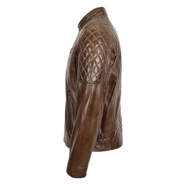 WeeBroz Men's Timber Brown Leather Biker Jacket Quilt Detail Style - Image 5