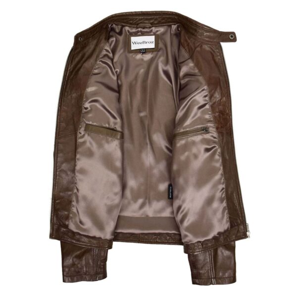 WeeBroz Men's Timber Brown Leather Biker Jacket Quilt Detail Style - Image 6