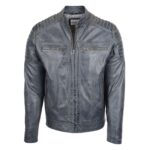 WeeBroz Men's Grey Two Tone Leather Biker Jacket Zip Moto Style