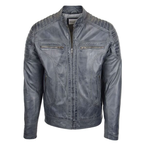 WeeBroz Men's Grey Two Tone Leather Biker Jacket Zip Moto Style - Image 1