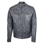 WeeBroz Men's Grey Two Tone Leather Biker Jacket Zip Moto Style - Image 3