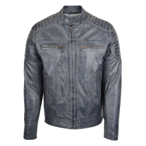 WeeBroz Men's Grey Two Tone Leather Biker Jacket Zip Moto Style - Image 3