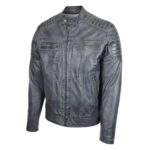 WeeBroz Men's Grey Two Tone Leather Biker Jacket Zip Moto Style - Image 4