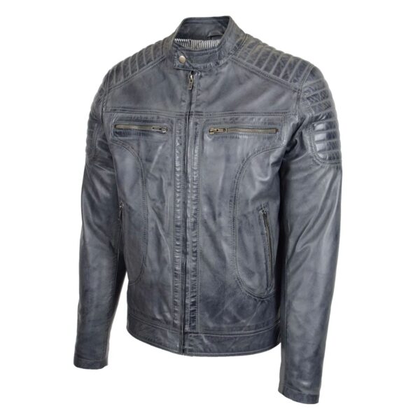 WeeBroz Men's Grey Two Tone Leather Biker Jacket Zip Moto Style - Image 4