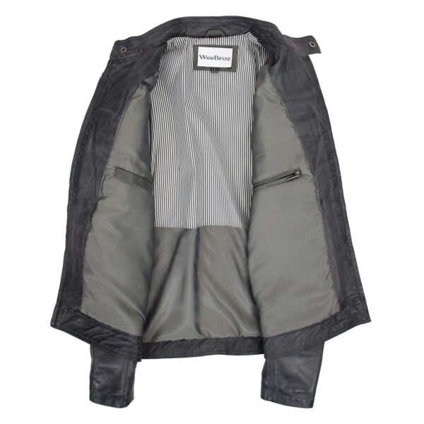 WeeBroz Men's Grey Two Tone Leather Biker Jacket Zip Moto Style - Image 6