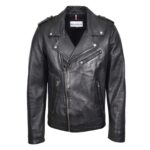 WeeBroz Men's Black Leather Biker Jacket Cross Zip Brando Biker Style