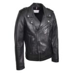WeeBroz Men's Black Leather Biker Jacket Cross Zip Brando Biker Style - Image 4