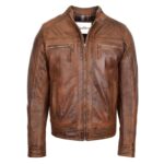 WeeBroz Men's Antique Brown Leather Biker Jacket Cafe Racer Biker Style