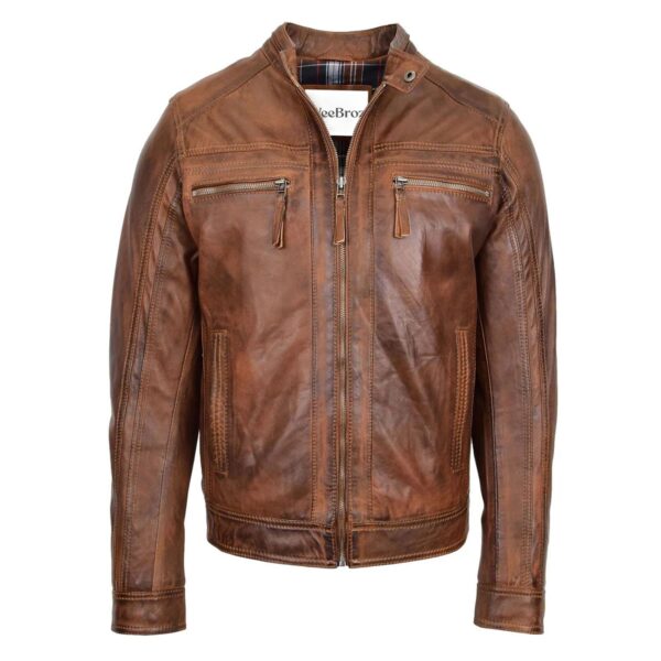 WeeBroz Men's Antique Brown Leather Biker Jacket Cafe Racer Biker Style - Image 1