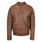 WeeBroz Men's Antique Brown Leather Biker Jacket Cafe Racer Biker Style - Image 3