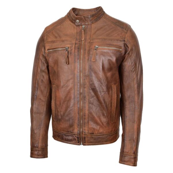 WeeBroz Men's Antique Brown Leather Biker Jacket Cafe Racer Biker Style - Image 4
