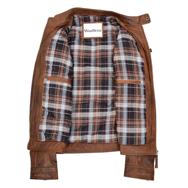 WeeBroz Men's Antique Brown Leather Biker Jacket Cafe Racer Biker Style - Image 6