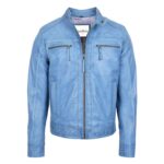WeeBroz Men's Sky Blue Leather Biker Jacket Cafe Racer Biker Style