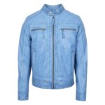 WeeBroz Men's Sky Blue Leather Biker Jacket Cafe Racer Biker Style - Image 3