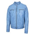 WeeBroz Men's Sky Blue Leather Biker Jacket Cafe Racer Biker Style - Image 4
