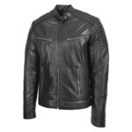 WeeBroz Men's Black Leather Biker Jacket Classic Cafe Racer Style - Image 4