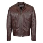 WeeBroz Men's Brown Leather Biker Jacket Classic Cafe Racer Style