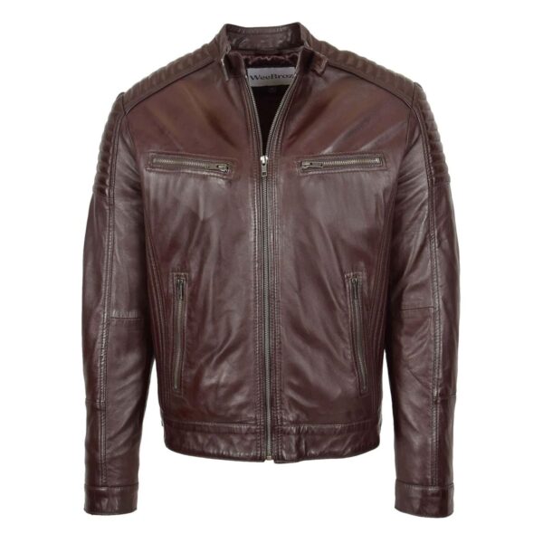WeeBroz Men's Brown Leather Biker Jacket Classic Cafe Racer Style - Image 1