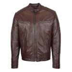 WeeBroz Men's Brown Leather Biker Jacket Classic Cafe Racer Style - Image 3
