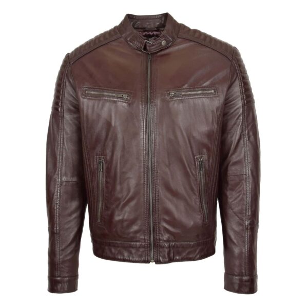 WeeBroz Men's Brown Leather Biker Jacket Classic Cafe Racer Style - Image 3