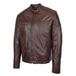 WeeBroz Men's Brown Leather Biker Jacket Classic Cafe Racer Style - Image 4