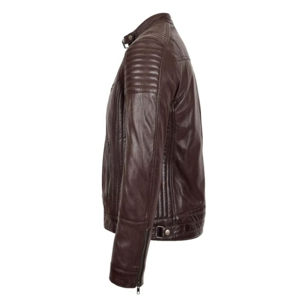 WeeBroz Men's Brown Leather Biker Jacket Classic Cafe Racer Style - Image 5