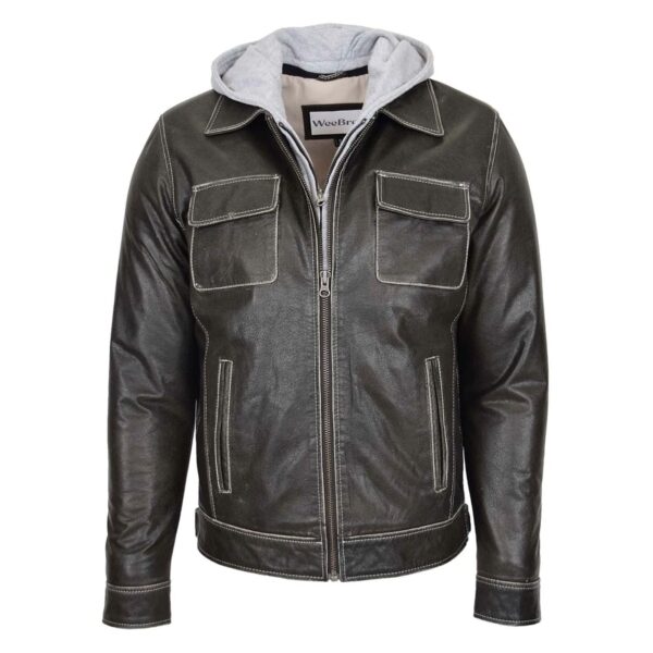 WeeBroz Men's Grey Leather Biker Jacket Detachable Hoodie Work Style - Image 1
