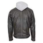 WeeBroz Men's Grey Leather Biker Jacket Detachable Hoodie Work Style - Image 2