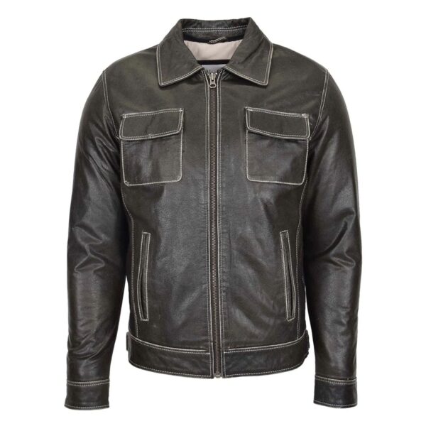 WeeBroz Men's Grey Leather Biker Jacket Detachable Hoodie Work Style - Image 3