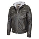 WeeBroz Men's Grey Leather Biker Jacket Detachable Hoodie Work Style - Image 4