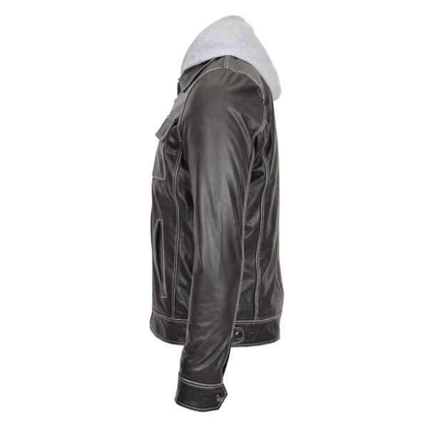 WeeBroz Men's Grey Leather Biker Jacket Detachable Hoodie Work Style - Image 5