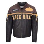 WeeBroz Men's Brown Leather Biker Jacket Racing Badges "Black Hills" Style