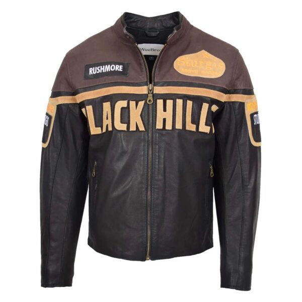 WeeBroz Men's Brown Leather Biker Jacket Racing Badges "Black Hills" Style - Image 1