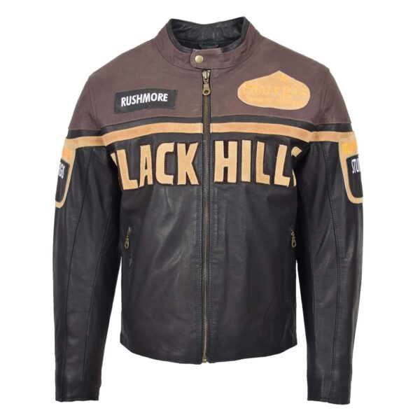 WeeBroz Men's Brown Leather Biker Jacket Racing Badges "Black Hills" Style - Image 3