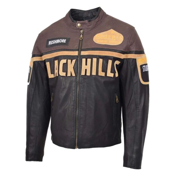 WeeBroz Men's Brown Leather Biker Jacket Racing Badges "Black Hills" Style - Image 4