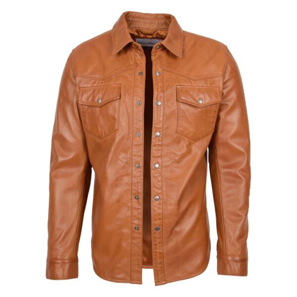 WeeBroz Men's Tan Leather Biker Jacket Classic Trucker Style - Image 1