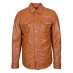 WeeBroz Men's Tan Leather Biker Jacket Classic Trucker Style - Image 3