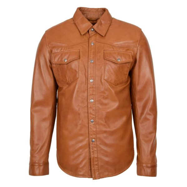 WeeBroz Men's Tan Leather Biker Jacket Classic Trucker Style - Image 3