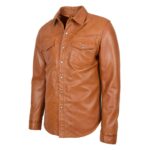 WeeBroz Men's Tan Leather Biker Jacket Classic Trucker Style - Image 4