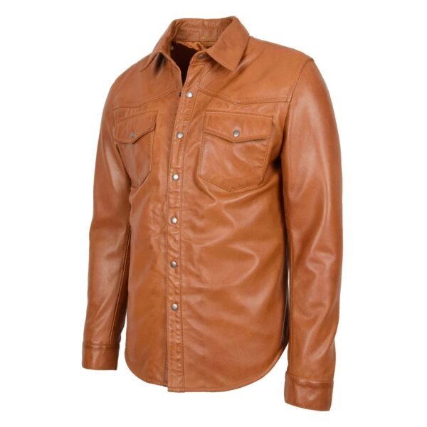 WeeBroz Men's Tan Leather Biker Jacket Classic Trucker Style - Image 4