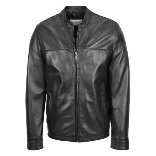 WeeBroz Men's Black Leather Biker Jacket Standing Collar Racer Style - Image 1
