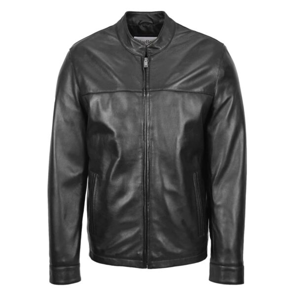 WeeBroz Men's Black Leather Biker Jacket Standing Collar Racer Style - Image 3