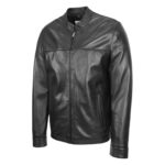 WeeBroz Men's Black Leather Biker Jacket Standing Collar Racer Style - Image 4