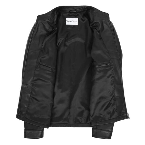 WeeBroz Men's Black Leather Biker Jacket Standing Collar Racer Style - Image 6