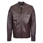 WeeBroz Men's Brown Leather Biker Jacket Standing Collar Racer Style