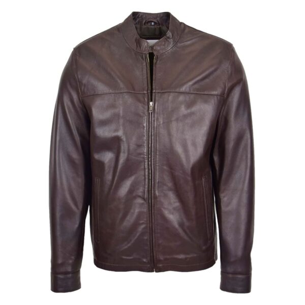 WeeBroz Men's Brown Leather Biker Jacket Standing Collar Racer Style - Image 1