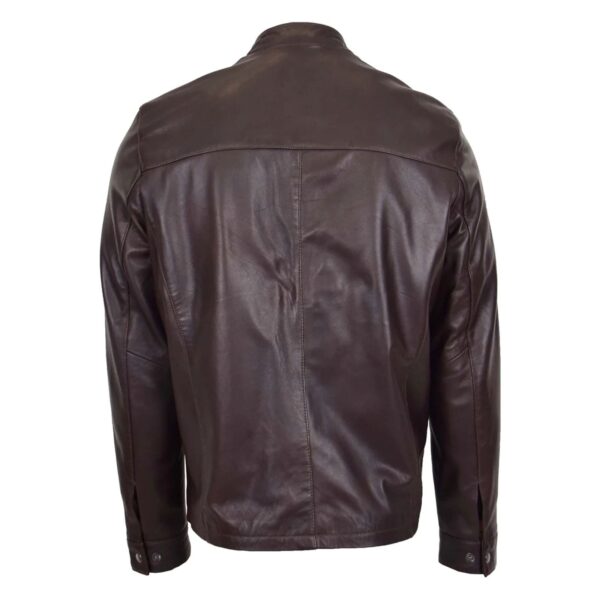 WeeBroz Men's Brown Leather Biker Jacket Standing Collar Racer Style - Image 2