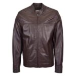 WeeBroz Men's Brown Leather Biker Jacket Standing Collar Racer Style - Image 3