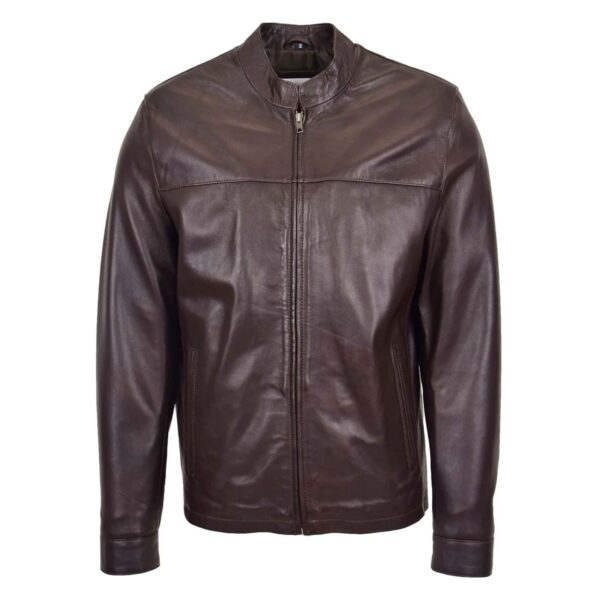 WeeBroz Men's Brown Leather Biker Jacket Standing Collar Racer Style - Image 3